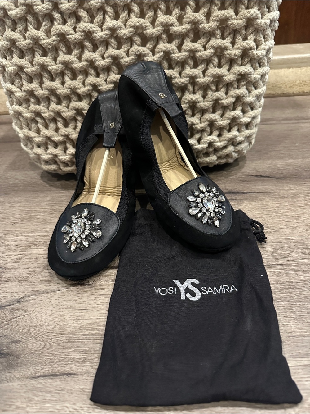 Yosi Samra Black Crystal-Embellished Foldable Flats